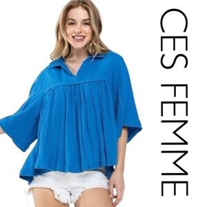 NWOT Ces Femme Blue Oversized Blouse/Top Size Small Boho